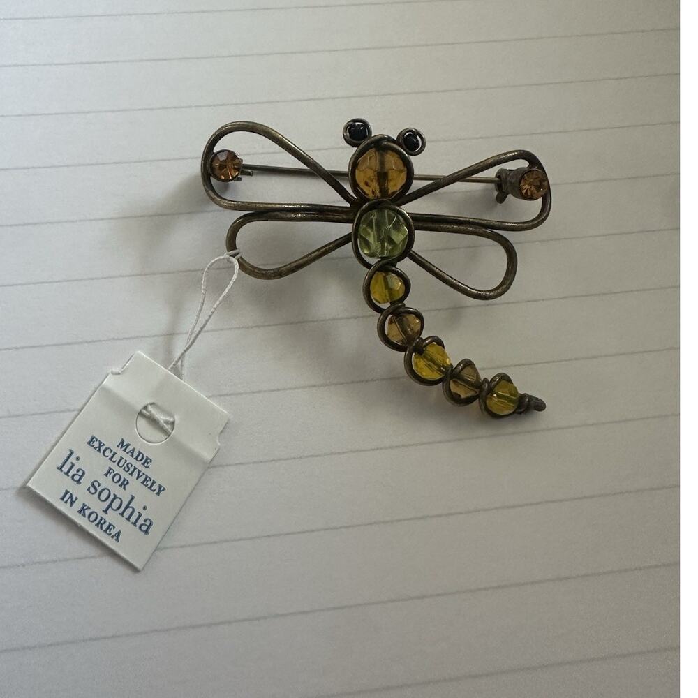 Lia Shopia New in Box Dragonfly Brooch pin Amber colored crystals Bronze metal